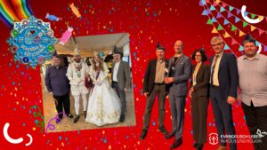 LINKS: Oliver J. Kießig (l.) und Sammy Wintersohl von den "Blauköpp" mit dem Prinzenpaar.RECHTS: Oliver J. Kießig (l.) und Sammy Wintersohl (r.) von den „Blauköpp“ mit Dr. Thorsten Latzel (2.v.r), Präses der Evangelischen Kirche im Rheinland, Antje Menn, Vizepräses der Evangelischen Kirche im Rheinland, und Dr. Johann Weusmann, Vizepräsident der Evangelischen Kirche im Rheinland.